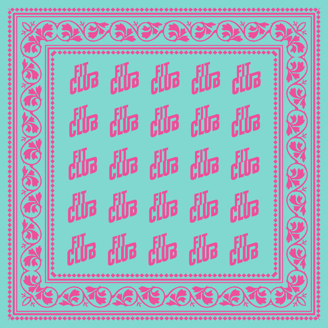 Turquoise bandana with pink border and 'dilva' pattern