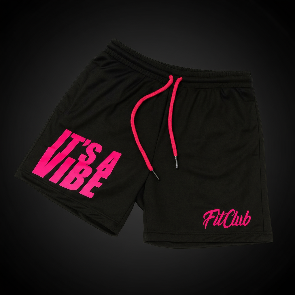 Black shorts with pink text and drawstrings on a white background