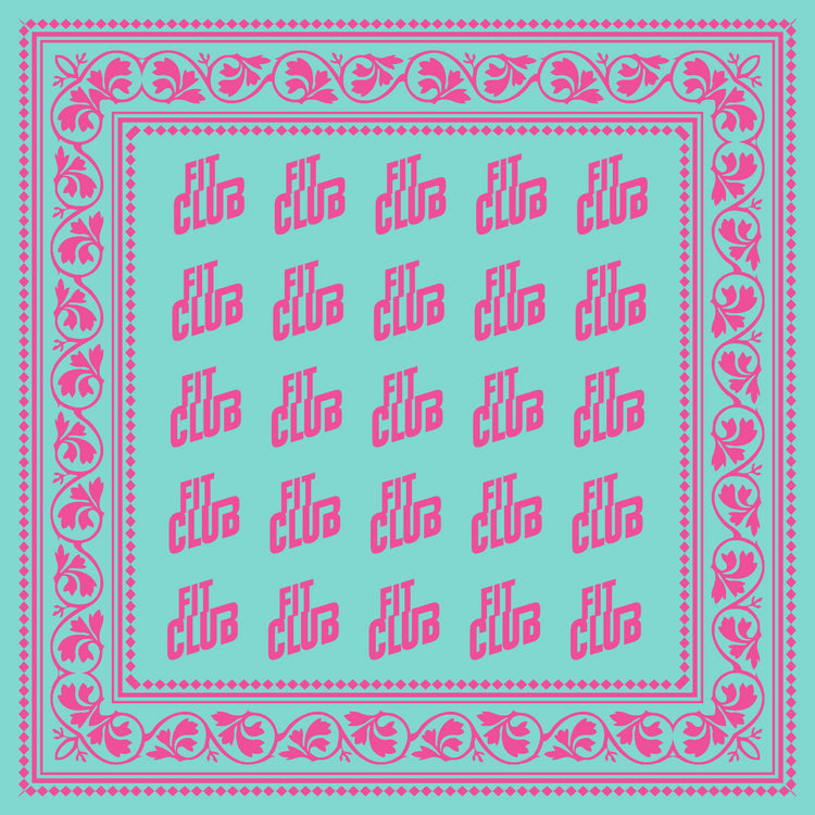 Turquoise bandana with pink border and 'dilva' pattern